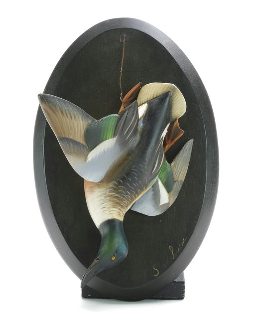 Sean Sutton – Miniature Taken Game Carving of A Shoveler, Plaque – 2024