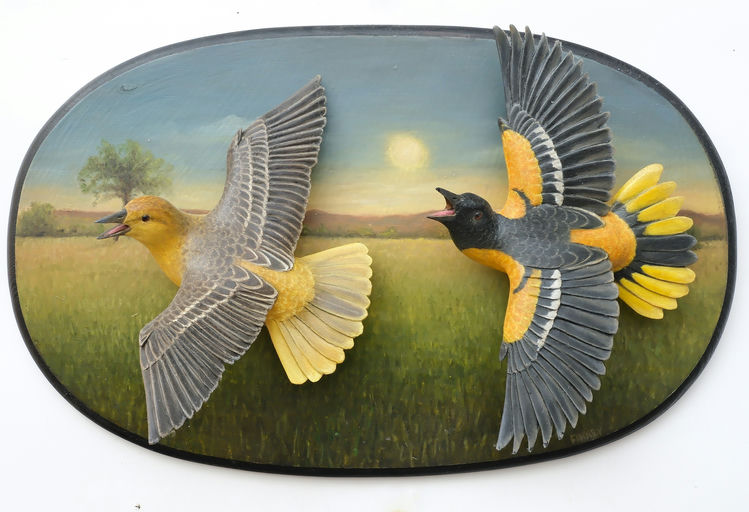 Frank Finney – Pair of Flying Orioles On Painted Back Board – 2025